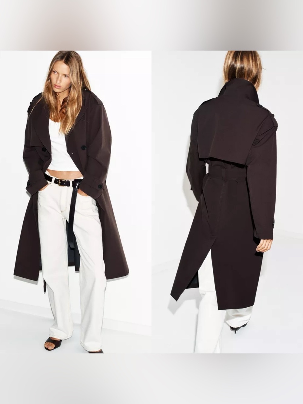 Zara LONG BELTED WATER REPELLENT WINDPROOF TRENCH COAT in Brown size XS NWT